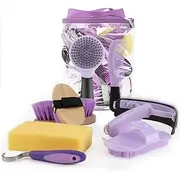 GINDOOR 9 Pieces Grooming Kit with Tote Bag, Sweat Scraper, Sponge, Hoof Pick, Curry Comb for Horse Riders Beginners (Purple)