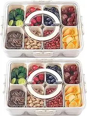Snack Box Container, IGGDOQI 2 Pack Divided Serving Tray, 8 Compartment with Airtight Lid and Handle, Portable Snack Platters, Clear Organizer for Candy, Fruits, Nuts, Spices, Travel, Party, Picnic
