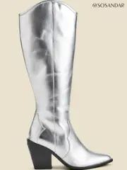 Sosandar Silver Leather Knee High Western Boots (AT6522) | $358