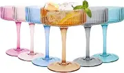 Colored Art Deco Coupe Glasses Set of 6, Vintage Martini Glasses, Quality Ribbed Cocktail, Champagne, Martini, Wine Glasses, Perfect for Parties,Gifts,Champagne,Weddings,Aniversary