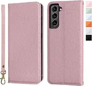 Samsung Galaxy S22 Plus Case Microfiber Leather RFID Blocking Wallet Magnetic Closure Kickstand Wrist Strap Card Holder Shockproof Galaxy S22+ Flip Cover - Pink
