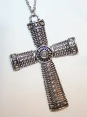 Handsome Large Textured Metal Beaded Silvertone Spiral Pectoral Cross Necklace