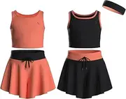 [Essenclo] Flowy Girls Butterfly Shorts Skirts w/Pockets & Athletic Sleeveless Tank Tops, Dance Tennis Cheer Running (5pc Set), Set-3, 13-14