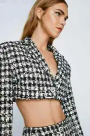 NASTY GAL Boucle Blazer Premium Sequin Cropped Black Silver Collared BNWT UK 8
