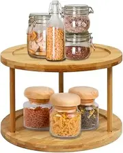 [Clevinger] 2-Tier Bamboo Wood Lazy Susan Organizer Kitchen Turntable for Cabinet, 360 Degree Spinning Spice Rack Round Lazy Susan Organizer Tray for Kitchen Bathroom Table or Pantry Storage (1 Pack)