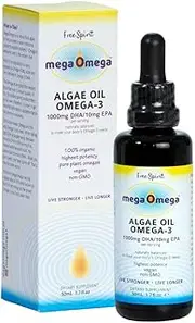 Free Spirit MegaOmega Algae Oil: the purest and most potent source of vegan Omega-3 on the planet, plant-based, sustainable, mercury free, 1050 mg DHA, 50ml