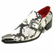 Fiesso Black White Python Mens Metal Toe Monk Strap Buckle Slipon Stylish Shoe