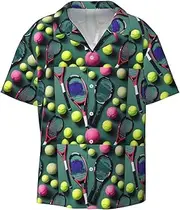 [HVTTIOR] Funny Tennis Racquets and Tennis Balls Print Short Sleeve Shirt Cuban Collar Beach Casual Style Summer Vacation Relaxed Fit