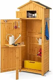 [Costway] Garden Storage Shed, 180.5CM Tall Outdoor Storage Cabinet with Lockable Doors, Foldable Table, Hooks, Utility Tool Organizer with Shelves, Wooden Tool Storage Cabinet for Patio Backyard Garden
