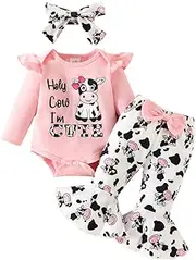 [HEOXIN] Baby Girl Clothing Set, Newborn Clothing with Holy Cow I'M Cute, Long Sleeve Ruched Romper Flared Trousers with Bowknot and Milk Cow Headband, Clothing Sets for 0-18 Months, Pink