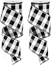 Whaline 2 Rolls Wired Edge Plaid Ribbon Christmas Buffalo Check Ribbon White Black Plaid Ribbon 2.5" Wide Farmhouse Craft Ribbon for DIY Gift Wrapping Wreath Xmas Tree Bow Decoration, 10 Yard