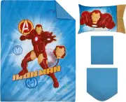 Toddler Cot Bed 4Pc Comforter Quilt Sheet Set Boys Blue Iron Man Avengers