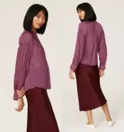 VINCE LONG SLEEVES SHIRRED NECK CRINKLED SILK BLOUSE in CAMELIA COLOR sz S $495