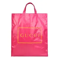 在飛比找PChome24h購物優惠-GUCCI 塗層帆布印花LOGO購物手提包(黃x粉)
