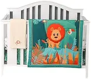 Sweet baba Jungle Lion Crib Bedding Set for Baby Girls, Green Crib Set, 4 PCS Nursery Bedding Set with Crib Quilt/Sheet/Dust Ruffle/Blanket
