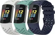 Chofit Band intended for Fitbit Charge 5 6 Smart Watch, [3 Pack]Soft Breathable Quick Release Silicone WristBand Strap for Charge 5 6 (Moon White-Green-Navy Blue)