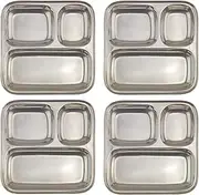 Stainless Steel Divided Plates/Compartment Trays (4-Pack); 9.8 x 8.1 Inches Oblong 3-Section Mini Mess Trays, Great Size for Lunches, Kids, Portion Control, Camping & More