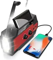 Emergency Crank Weather Radio, 4000mAh Solar Hand Crank Portable AM/FM/NOAA, with 1W 3 Mode Flashlight & Motion Sensor Reading Lamp, Cell Phone Charger, SOS for Home and Emergency (Red)