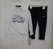 NWT 2pc Nike White Tie Waist Top Black Logo & Black Leggings Set sz 2t