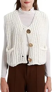 [Amazhiyu] Womens Sweater Vest, UK Button Down Crop Knitted Sweater Vest Sleeveless Cable Knit Cropped Cardigan with Pockets, White, L