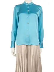 Blue Silk Button Down Blouse
