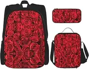 [StOlmx] 3 Pcs Set Backpack,Waterproof Bookbag, Insulated Lunch Bag & Pencil Case Pouch, Travel,Hiking,Red Rose Petals Print, Red Rose, One Size
