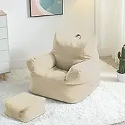 EdNey Bean Bag Chair Cover W/Footstool Cover, Cotton Linen Lazy Sofa Couch Recliner Floor Seat, Seating Beanbag Cover for Bedroom Living Rooms,Beige