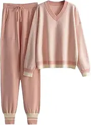 [Generic] Women Striped Knitted Two Pieces Sets V Neck Long Sleeved Pullovers Elastic High Waist Pencil Pant Sets Knit Tracksuits