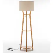 168cm Large Bamboo Wooden Tripod Floor Lamp Light Modern Linen Shade w Shelves