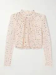 [Self-Portrait] Self-Portrait - Cropped Embellished Gathered Mesh Turtleneck Top - Cream - UK 14 UK 14 Cream