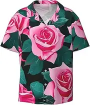 [DRTGEDS] Pink Roses Picture Mens Casual Button Down Shirt Short Sleeve Cuban Shirts Printed Summer Shirt