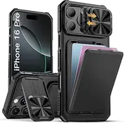 SIXBOX for iPhone 16 Pro Case with Card Holder & Kickstand & Slide Camera Lens Cover, Silicone Edge Rugged Shockproof Protective Phone Case Cover for iPhone 16 Pro 6.3'' 2024, Black