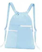 Drawstring Backpack with Mesh Pocket Water Resistant String Beach Light Blue