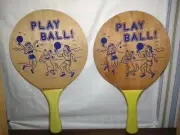 2 Vintage MCM Wood Paddle Ball Paddles Beach Ping Pong 10” Retro Kitsch Taiwan