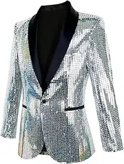[Nawgut] Sequin Blazer Metallic Suit Disco Prom Shiny Jacket Wedding Party Banquet Fashion Tuxedo for Mens Adult
