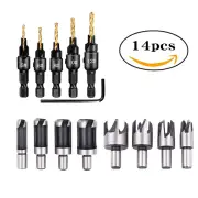 "14pcs Wood Plug Cutter Drill Cutting Tool Drill Bit Set Straight And Tapered Taper Woodworking Cork Drill Bit 5/8"" 1/2"""