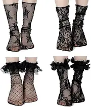 [CIATBYYJ] 4 Pairs Black Ankle Socks Women's Lace Socks Delicate Lace Ankle Sock Loose Sheer Mesh Slouch Sock for Girls Women, Black