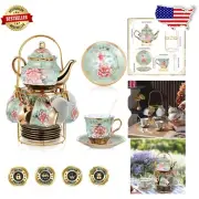 Large 20-Pc Ceramic Tea Party Set with Teapot and Gold Trim - Fresh Style