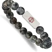 [JewelryWeb] Stainless Steel Brushed With Red Enamel Medical ID 8.5mm Labradorite Beaded Stretch Bracelet Identification-Bracelet for Women