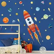 wondever Rocket Wall Stickers Outer Space Planets Peel and Stick Wall Art Decals for Baby Nursery Kids Bedroom Playroom (H:40 inches)