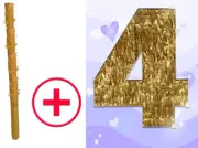 Birthday Number Four 4 Cuatro Pinata Piñata Pull string Stick Gold Cumpleaños