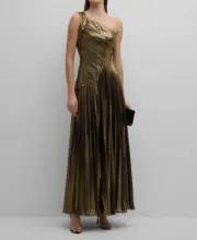 Zac Posen Women's Gold Metallic Pleated One-Shoulder Gown Dress Size 10