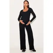 Maternity Black Rib Collar Detail Flare Leg Jumpsuit, Black