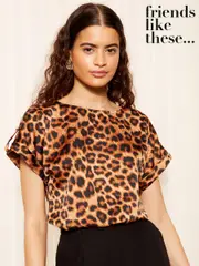 Friends Like These Leopard Browm Printed Satin Utility Short Sleeve Top (B62992) | $69