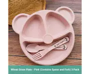 Truboo 3x Baby Divided Plate Toddler Feeding Tableware Fork Spoon Unbreakable - Wheat Straw Plate - Pink, 3 Pack