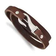Stainless Steel Chisel Polished Brown Leather 24 Inch Wrap Bracelet