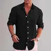 Men's Cotton Linen Shirt Plain Vacation Black White Wine Sky Blue Long Sleeve Lapel Clothing Apparel