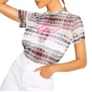 TIE DYE MESH TOP FESTIVAL LOVE SLOGAN WRITING SHEER TYE DIE TEE SIZE 10 BOOHOO