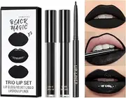 Set of 3 Black Matte Liquid Lipstick, Lip Liner, Lip Gloss Lip Set