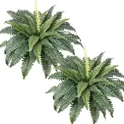 Artificial Ferns for Outdoor and Indoor Use, Large Fake Boston Fern Plants, UV Resistant Faux Greenery Shrubs, Green, 2 Bundles